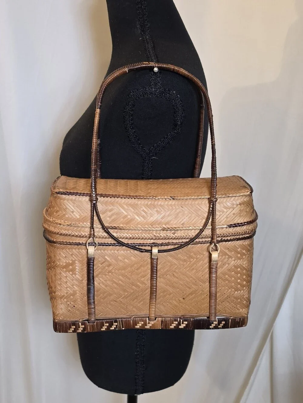 VTG Tiruray Tribe Basket Purse Woven Bamboo River Cane Box Bag Philippines Boho